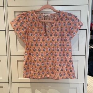 Marea Peach Floral V-Neck Flutter Sleeve Blouse